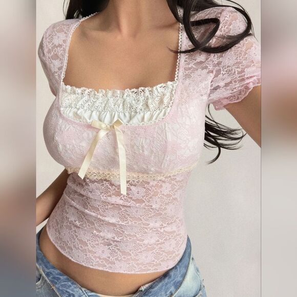 Private Label Tops - Misses 90s Style Lace Scoop Neck Casual Sexy Fitted Top with Bow Pink